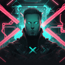 a man with a x on his chest is surrounded by neon lights