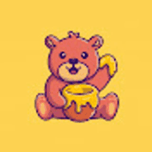 a teddy bear is holding a pitcher of honey .