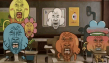 a group of cartoon characters are sitting in a classroom with their faces on their desks