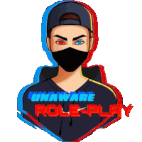 a logo for unaware role play with a man wearing a mask and hat