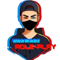 a logo for unaware role play with a man wearing a mask and hat