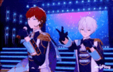 a couple of anime characters standing next to each other on a stage with microphones .