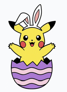 pikachu wearing bunny ears is coming out of an easter egg .