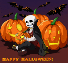 a drawing of a skeleton holding a pumpkin with the words happy halloween