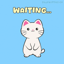 a cartoon of a white cat with the words waiting written above it
