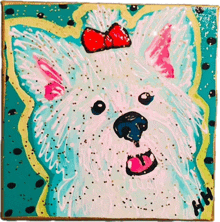 a painting of a white dog with a red bow on it