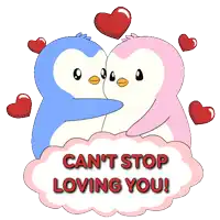 a couple of penguins hugging each other with the words can 't stop loving you
