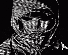 a black and white drawing of a person with a mask on their face
