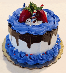 a blue and white cake with strawberries on top of it