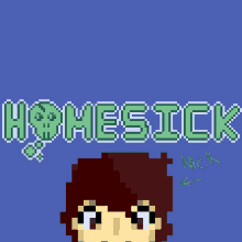 a pixel art drawing of a boy with the word homesick above his head