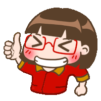 a cartoon girl wearing red glasses is giving a thumbs up