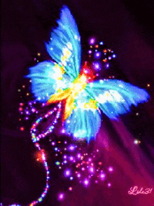 a colorful butterfly is glowing in the dark and surrounded by sparks .