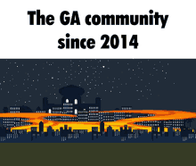 a poster that says the ga community since 2014 with a city on fire in the background