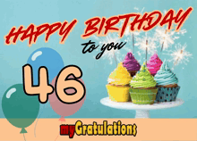 a birthday card with cupcakes and balloons says happy birthday to you 46