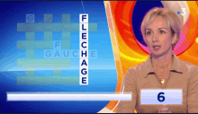 a woman stands in front of a screen that says gauche