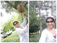 a woman wearing sunglasses and a hat is standing next to a tree holding a fruit