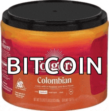 a jar of colombian ground coffee with the word bitcoin written on it