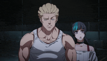 a man and a woman are standing next to each other in a dark area