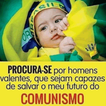 a baby is wearing a hat that says brasil and is holding a flag