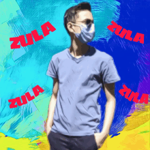 a man wearing a face mask is surrounded by the word zula on a colorful background