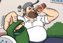 a cartoon of a man drinking from a bottle with the letter s on the label