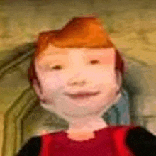 a close up of a cartoon character with red hair and a red shirt smiling .