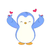 a penguin with its arms outstretched is surrounded by red hearts