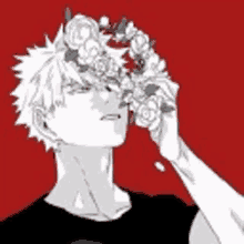 a black and white drawing of a man holding a flower crown on his head .