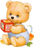 a teddy bear is holding a block with the letter a and b on it