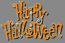 a sign that says happy halloween in orange on a grey background