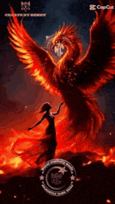 a woman is standing in front of a phoenix that is flying in the air