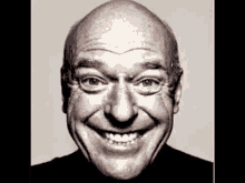 a black and white photo of a smiling bald man .