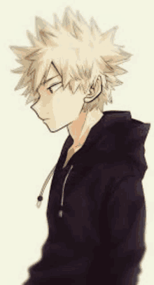 katsuki bakugo from my hero academia is wearing a black hoodie and looking down .