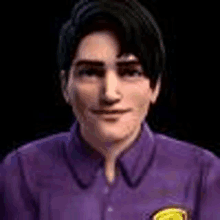 a man wearing a purple shirt with a yellow badge on his chest is looking at the camera .