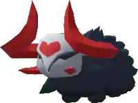 a black monster with red horns and a white face
