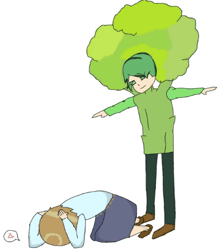 a cartoon drawing of a man with a broccoli head standing next to another man