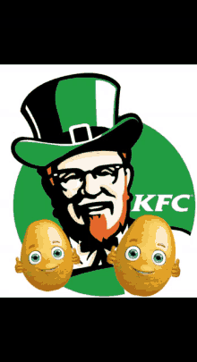 a kfc logo with a leprechaun holding two potatoes