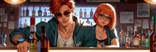 a man and a woman standing behind a bar with bottles of alcohol on the counter