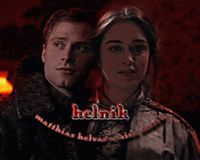 a man and a woman are standing next to each other with the word helmik on the bottom right