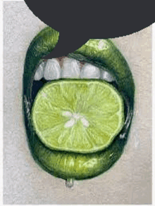 a drawing of a woman 's lips with a slice of lime in it .