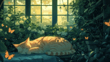 a cat is sleeping in front of a window surrounded by plants and butterflies