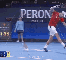 a man in a red shirt is swinging a tennis racket on a tennis court in front of a peroni sign