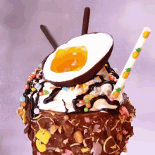 a chocolate milkshake with a coconut on top and pineapple straws