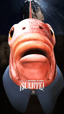 an advertisement for the iphone 16 pro shows a man with a fish head