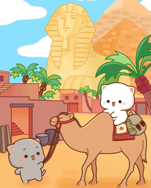 a cartoon illustration of a cat riding a camel