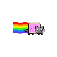 a pixel art of a cat with a rainbow coming out of it 's mouth .