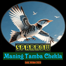 an advertisement for sparrow maning tamba chekla with a picture of a sparrow