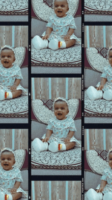 a baby is sitting on a blanket with a kodak film strip behind her