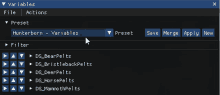 a screenshot of the variables window with a mouse pointer pointing to the preset button