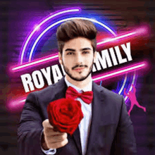 a man in a suit and bow tie is holding a red rose in front of a neon sign .